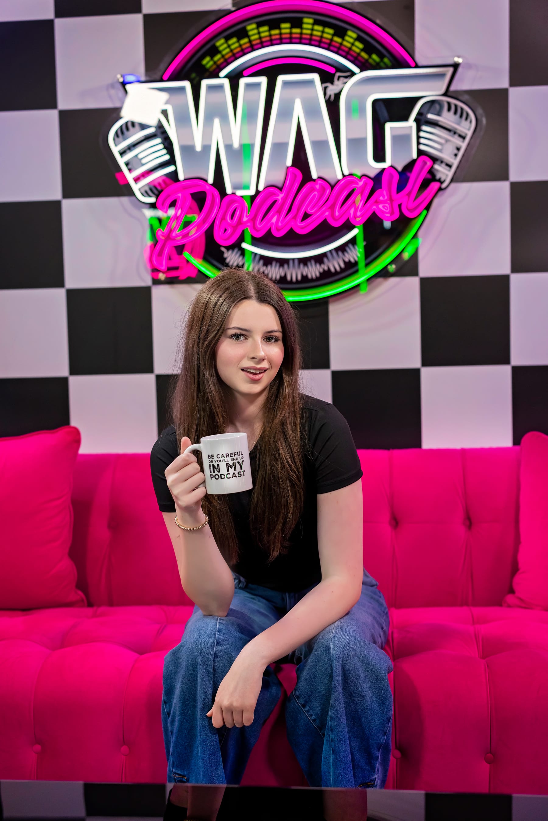 Angelina, Scarlett, and Annabella laughing on the WAG Podcast set